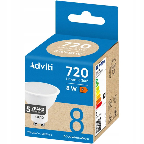 Żarówka LED GU10 8W 720lm Barwa ZIMNA 6500K 120° Energooszczędna ADVITI