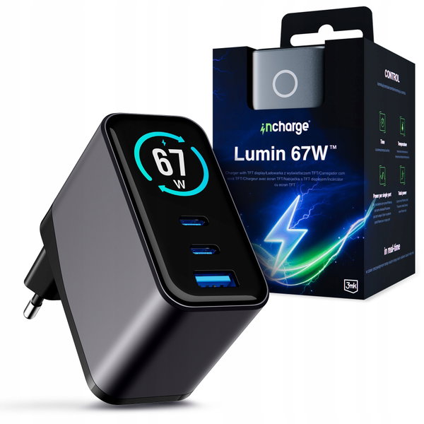 3mk Czarna Ładowarka sieciowa Lumin 67W QC4+ USB-A 2xUSB-C z wyświetlaczem