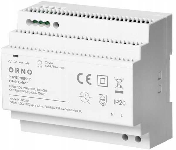 ZASILACZ NA SZYNĘ DIN 24V DC 6,25A 150W TRANSFORMATOR REGULOWANY 23~25V