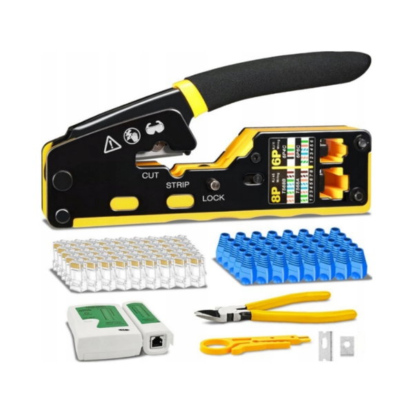ZESTAW NARZĘDZI SIECIOWYCH DO WTYKÓW RJ45 TESTER ZACISKARKA ŚCIĄGACZ ETUI