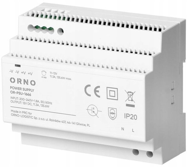 ZASILACZ NA SZYNĘ DIN 12V DC 11,3A 135,6W TRANSFORMATOR REGULOWANY 11~13V