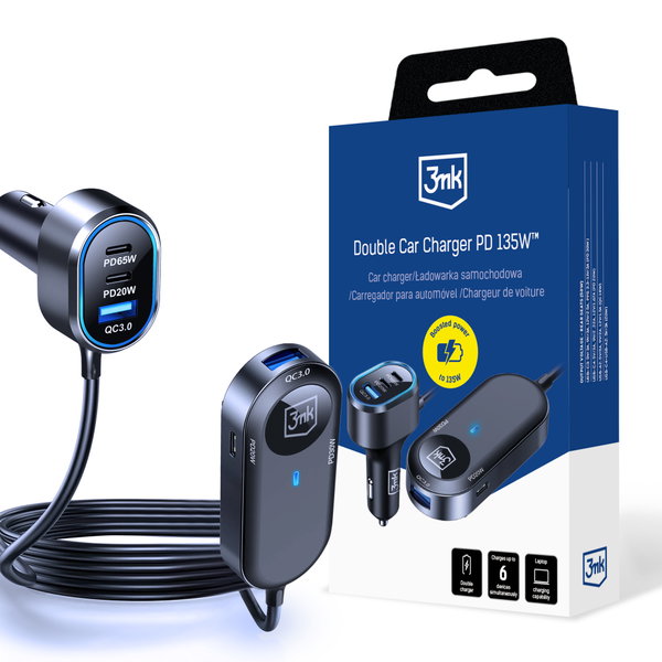 3mk Ładowarka samochodowa 135W, przedłużacz, 4x USB-C 2x USB-A PD QC PPS