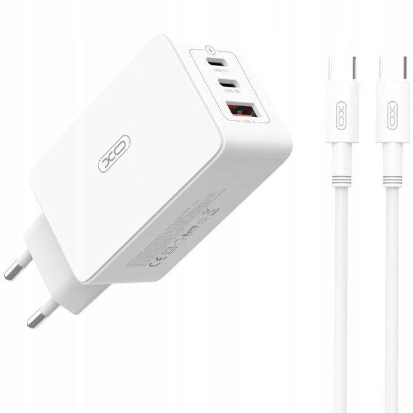 SZYBKA ŁADOWARKA SIECIOWA 65W 2x USB-C, 1x USB-A + KABEL USB-C 1M MOCNA