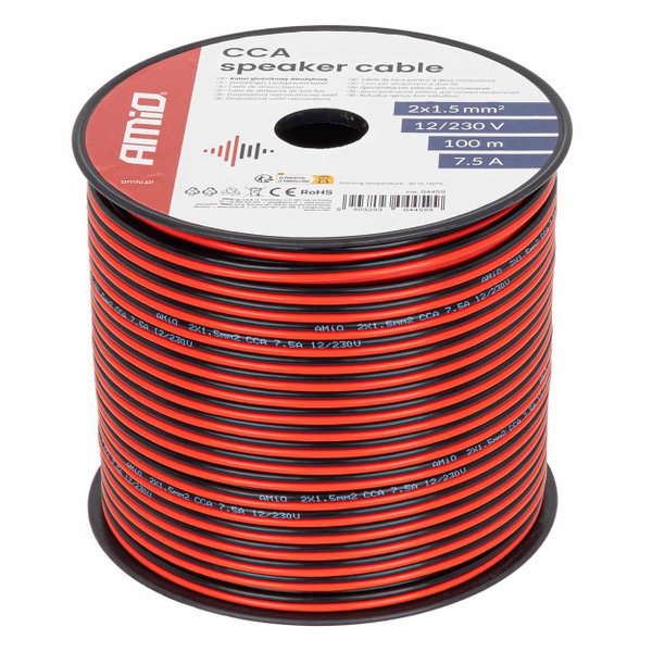 Kabel głośnikowy dwużyłowy CCA 2x1.5mm2 100m 7.5A AMIO-04459