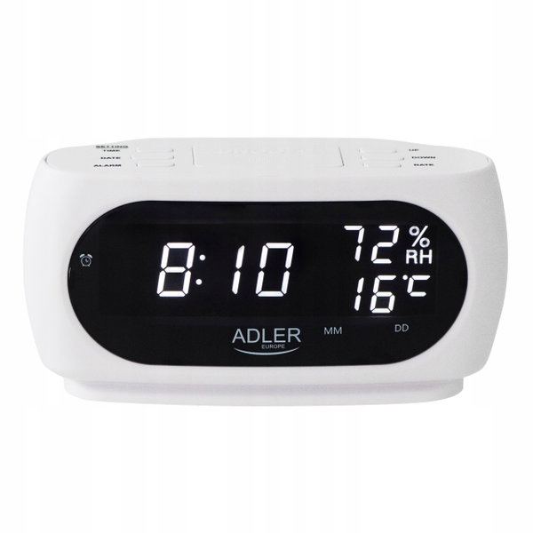 Zegar Budzik z Pomiarem Temperatury i Wilgotności Mały LED Alarm Data Adler