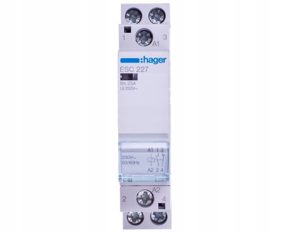 Stycznik Hager ESC227 (1P, 25A, 230V, 1NO+1NC)