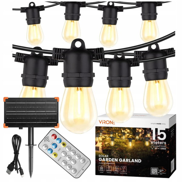 Girlanda Solarna Ogrodowa Świetlna Lampki 15M + 16x ŻARÓWKA LED E27 + PILOT