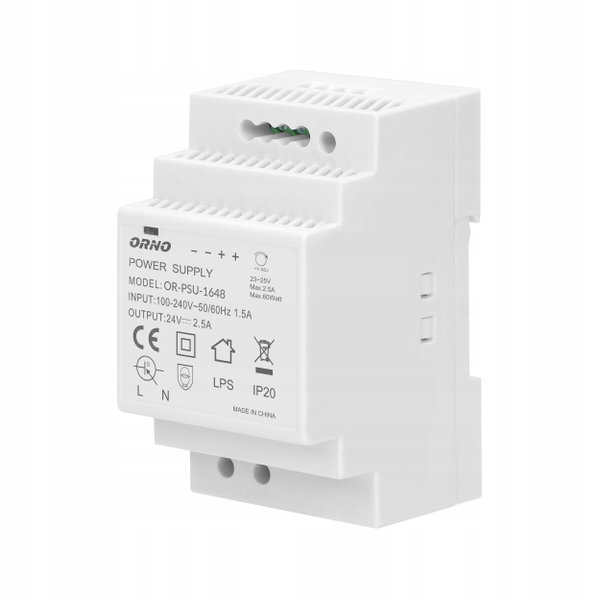 ZASILACZ NA SZYNĘ DIN 24V 2,5A 60W DO WIDEO DOMOFONU CCTV LED 3 MODUŁY ORNO