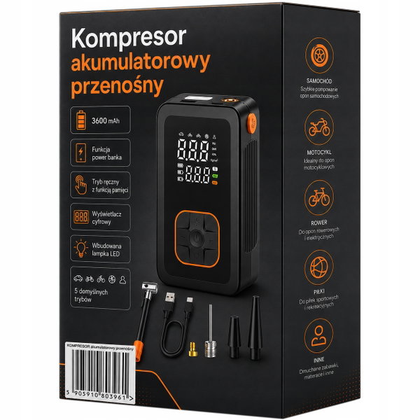 POMPKA ROWEROWA ELEKTRYCZNA SAMOCHODOWY 11BAR 4500MAH Z CYFROWYM MANOMETREM