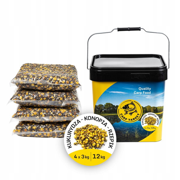 Zanęta CARP TARGET Mix ziaren Kukurydza Konopia Rzepik (12 kg) + Wiadro 17L