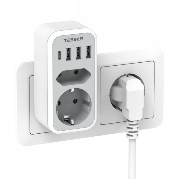 Gniazdo sieciowe Tessan TS-328-DE 2 gniazda 3x USB-A / USB-C Biało-Szary