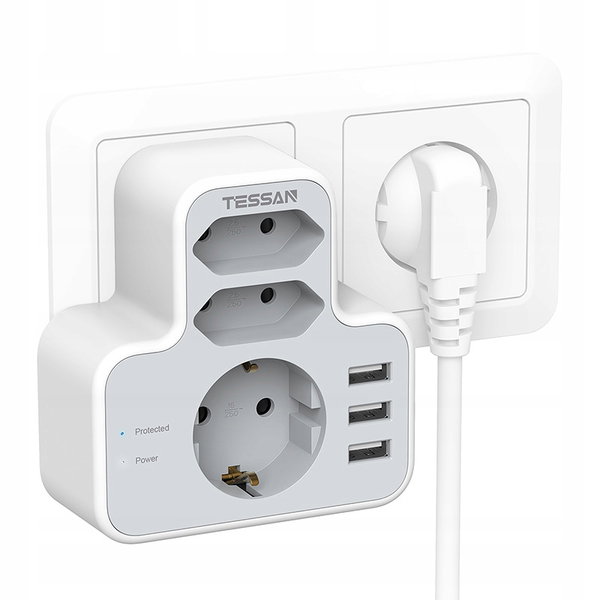 Gniazdo ścienne Rozgałęźnik sieciowy Tessan TS-327 3 gniazda 3x USB-A Biały