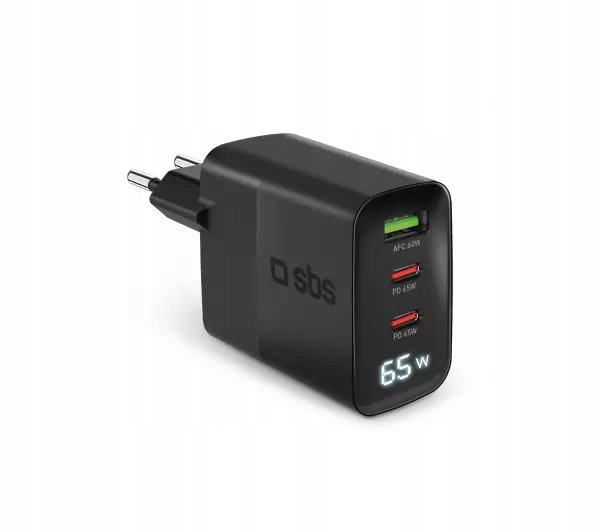 Ładowarka sieciowa SBS WALL GaN 65W LCD USB / 2x USB-C Czarna