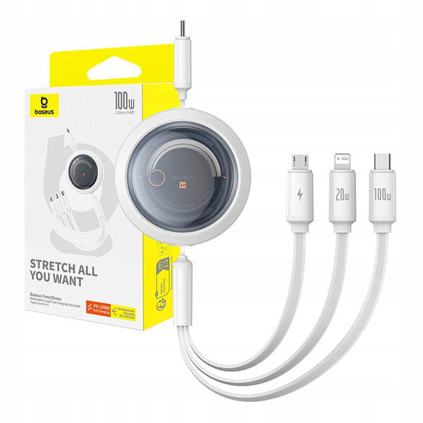 Kabel USB Baseus Free2Draw Retractable Cable 3in1 100W 1,1m white