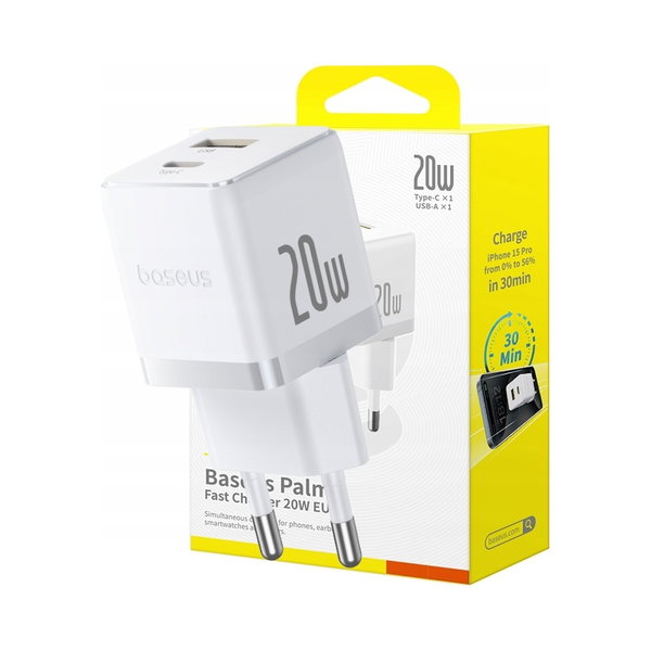 ŁADOWARKA SIECIOWA BASEUS USB-C USB-A 20W PD DO TELEFONU I TABLETU