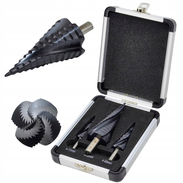 AWTOOLS WIERTŁO STOPNIOWE SPIRALNE M2-TiAlN / Kpl. 3 szt. / 4-12mm / 4-20mm
