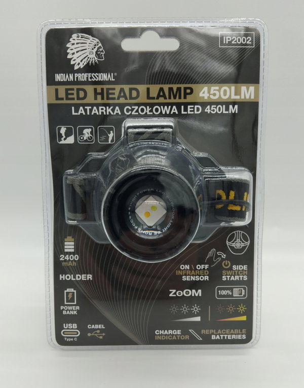 LATARKA LED CZOŁOWA 450LM POWER BANK 2400mAh PREMIUM INDIAN PROFESSIONAL