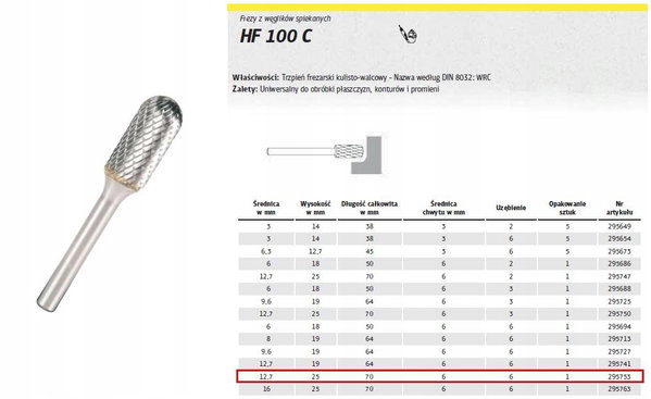 KLINGSPOR FREZ DO METALU HF 100 C FI=12,7x25mm TRZPIEŃ 6mm TYP WRC, WALCOWO