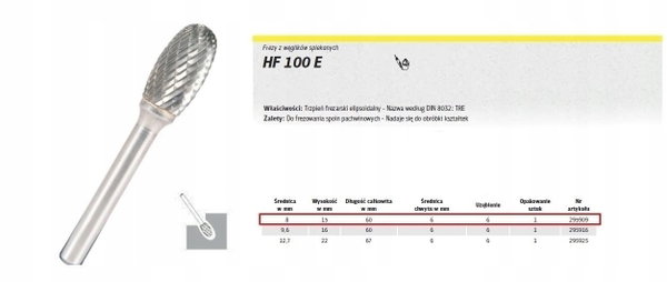 KLINGSPOR FREZ DO METALU HF 100 E FI=8,0x15mm TRZPIEŃ 6mm TYP TRE