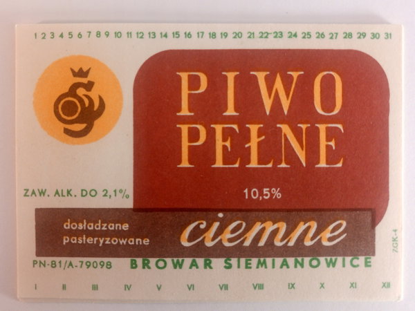 Etykieta Browar Siemianowice Piwo Pełne Ciemne