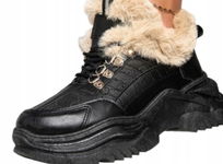 CZarne Sneakersy na Tłoczonej Podeszwie Ocieplone Futerkiem R.40