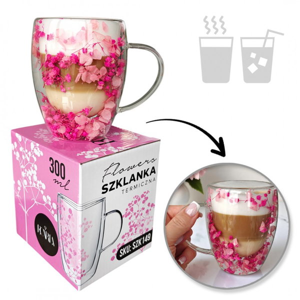 Szklanka termiczna z kwiatami w środku, gipsówka hortensje róż 300 ml