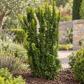 Trzmielina japońska 'Benkomasaki' Euonymus japonicus zielone kolumny w ogrodzie