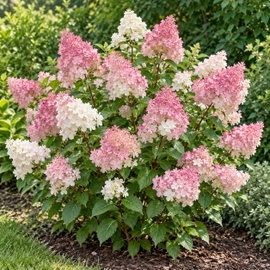 Hortensja bukietowa 'Sundae Fraise' Hydrangea paniculata białe i różowe wiechy