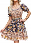 BebreezChic Elegancka Letnia Sukienka Kwadratowy Dekolt Boho Granatowa r. M