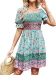 BebreezChic Elegancka Letnia Sukienka Kwadratowy Dekolt Boho Niebieska r. M