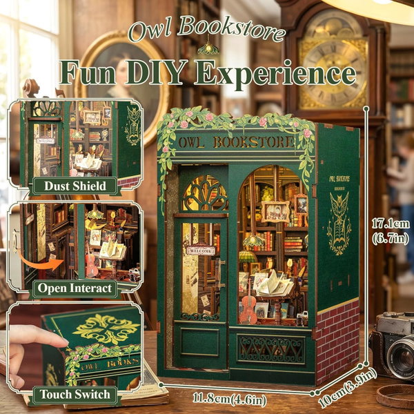Cutefun Book Nook Kit Owl Bookstore Puzzle 3D Księgarnia DIY LED