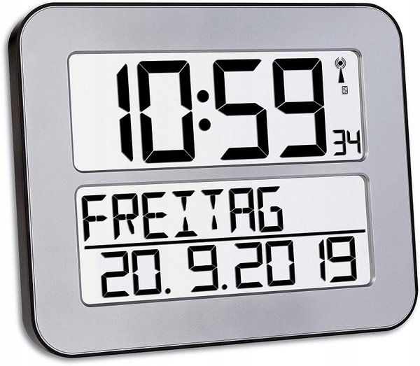 TFA Dostmann Timeline Max Duży Zegar cyfrowy Radiowy srebrny 25,8 x 21,2 cm