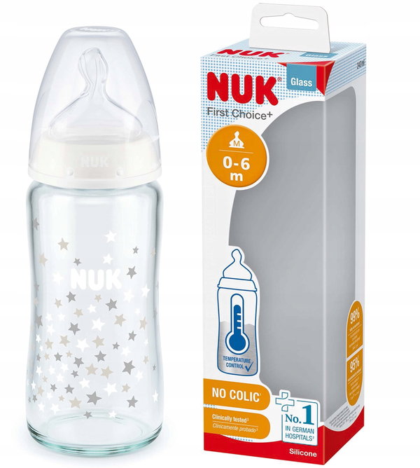 NUK First Choice+ Szklana Butelka 240 ml Wskaźnik Temperatury 0–6 m