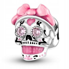 Zawieszka SREBRO 925 Charms Koralik Różowa Czaszka Dia de los Muertos