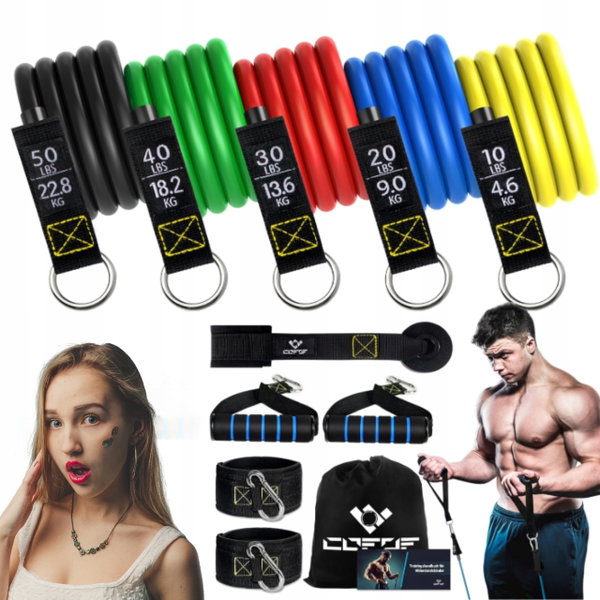 Zestaw 5 taśm oporowych fitness z dużym uchwytem pasek na kostkę mocowanie