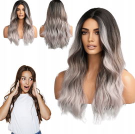 Peruka dla kobiet długie falowane włosy ombre 22 cale czarno-szare OUFEI