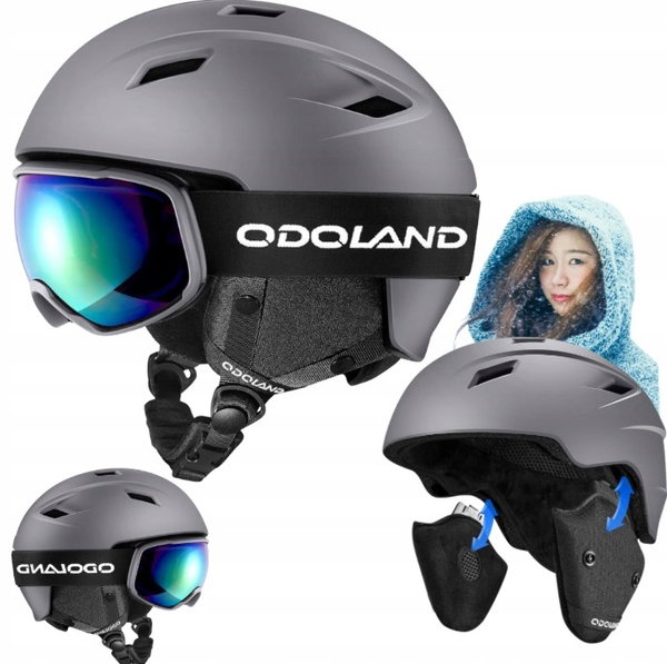 Kask narciarski gogle regulowany rozmiar nauszniki kolor szary Odoland
