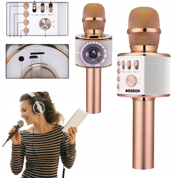 Mikrofon do karaoke dla dzieci z głośnikiem Bluetooth przenośny różowezłoto
