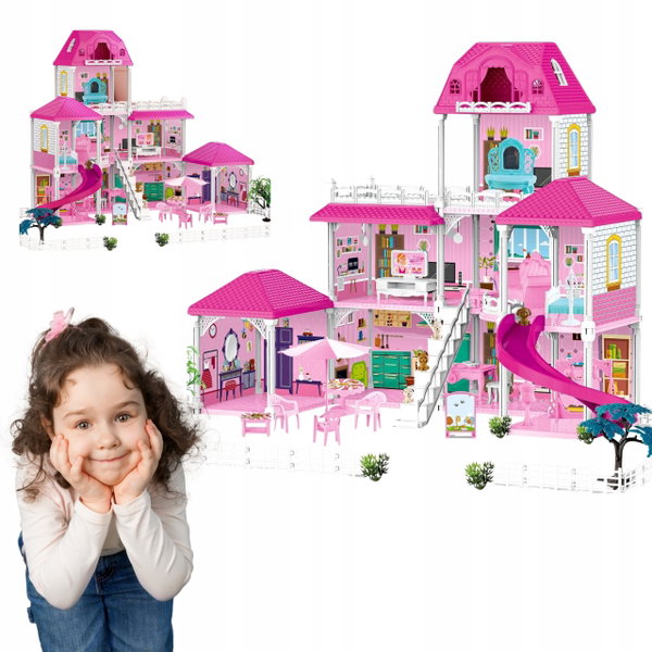 3-poziomowy domek dla lalek do zabawy deAO Toys z akcesoriami 3+ różowy