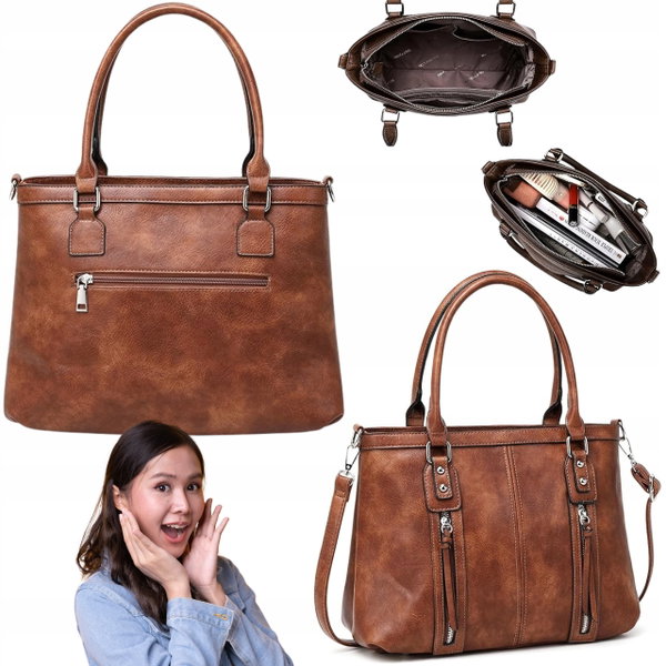Damska torebka typu boho shopper crossbody skórzana ekologiczna brązowa