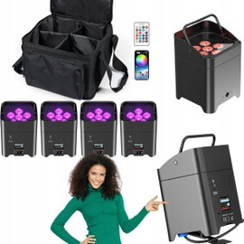 Reflektory sceniczne LED UKing RGBWA+UV zestaw 4 sztuk 108W DMX akumulator