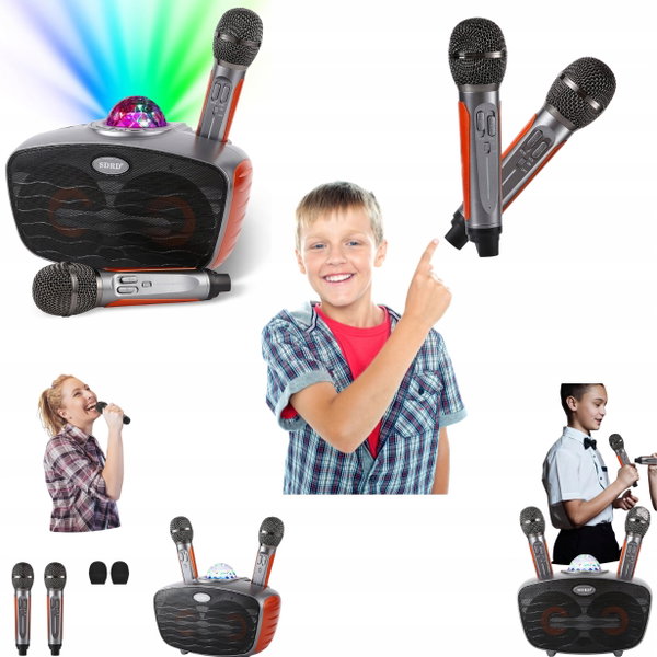 RUBEHOOW Maszyna karaoke Bluetooth 2 mikrofony LED szara Wytrzymała Solidna