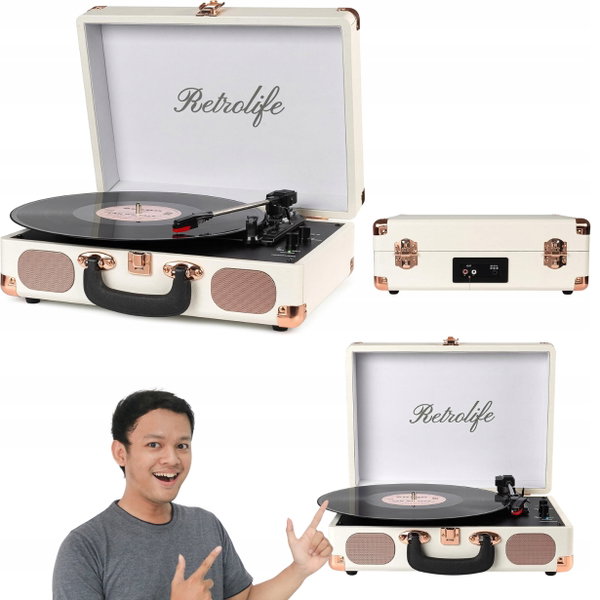 Gramofon retrolife z głośnikami stereo RCA AUX do płyt winylowych biały