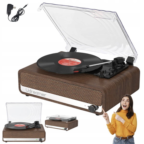 Gramofon Udreamer Bluetooth 5.3 3 Prędkości Głośniki Drewno Retro RCA