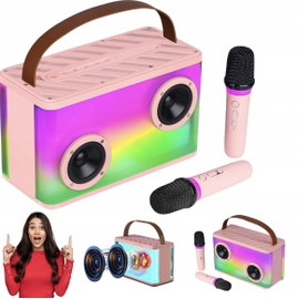 Maszyna do Karaoke BONAOK z 2 Mikrofonami Różowa Głośnik LED Bluetooth