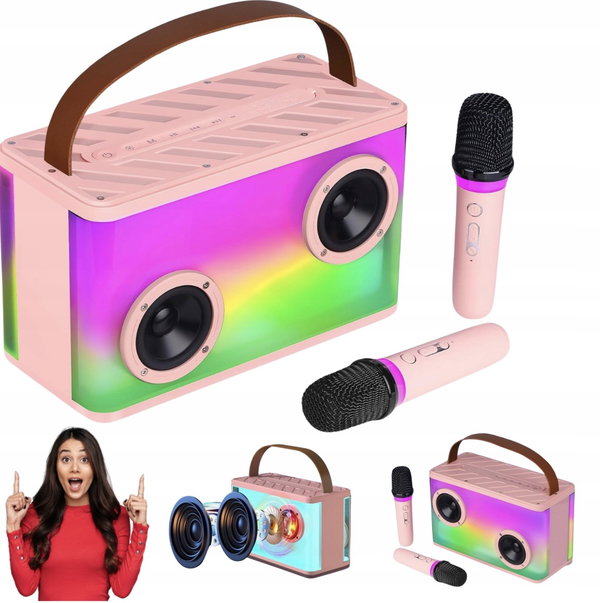 Maszyna do Karaoke BONAOK z 2 Mikrofonami Różowa Głośnik LED Bluetooth