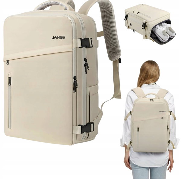 Plecak Podróżny Damski 40L Bagaż Podręczny Laptop 15,6 Beżowy HOMIEE