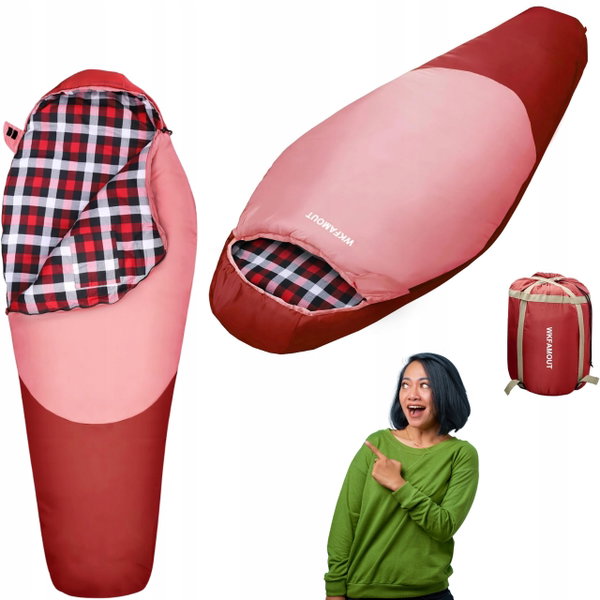 Śpiwór typu mumia zimowy 0°C z flanelową podszewką ciepły czerwony 170 cm