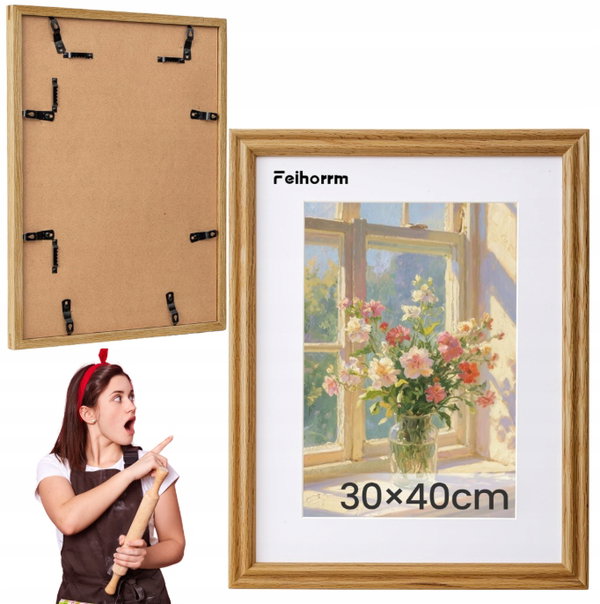 Beżowa ramka na zdjęcia 30x40cm z litego dębu i szkła hartowanego Feihorrm