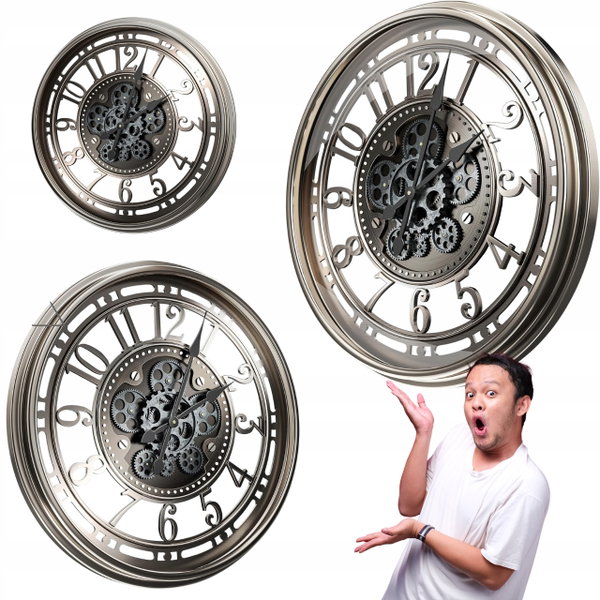 Zegar ścienny duży 53 cm z ruchomymi kołami zębatymi styl retro szary brąz